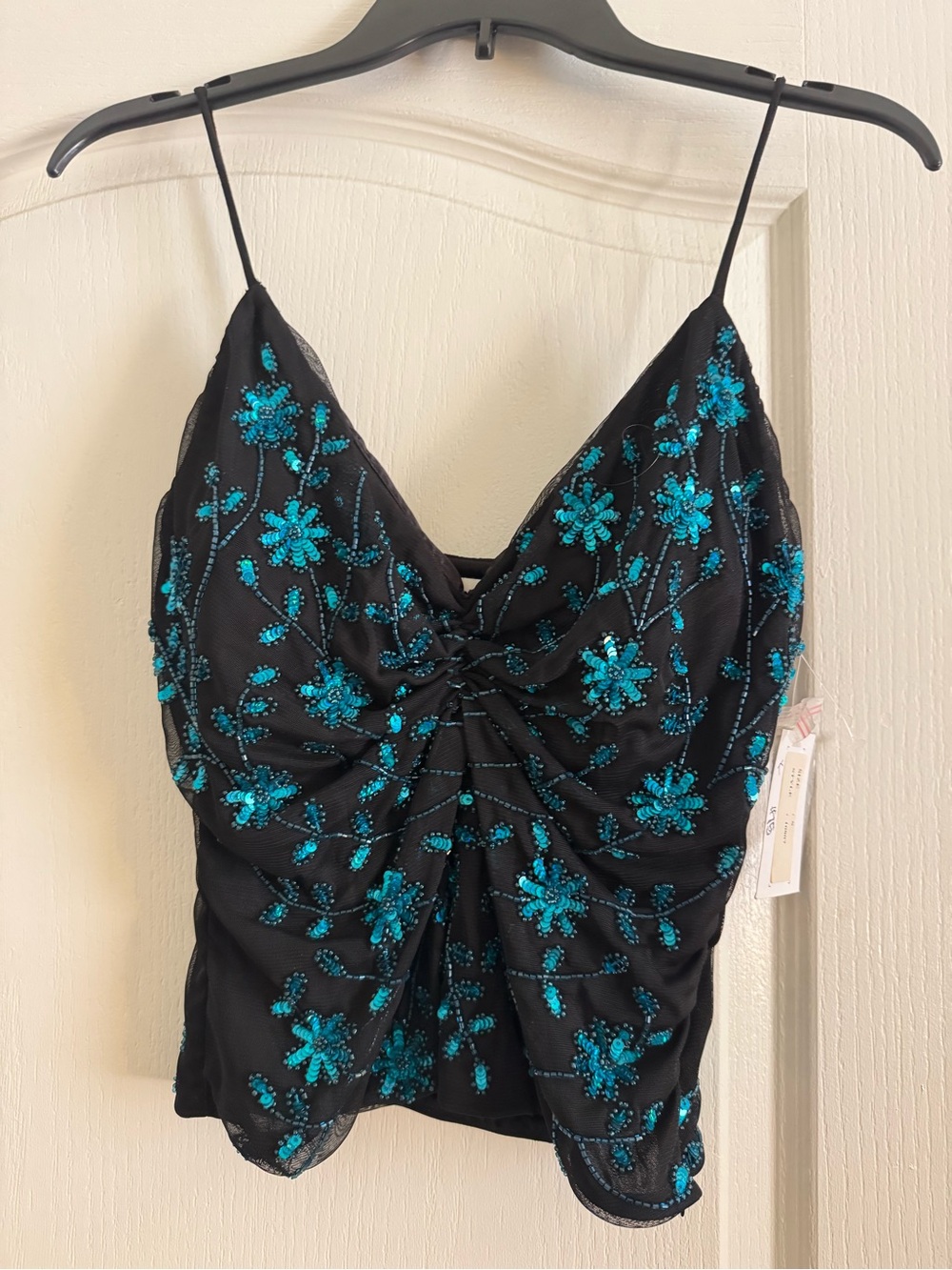 Vintage Black Beaded Floral Cami with Turquoise Embroidery